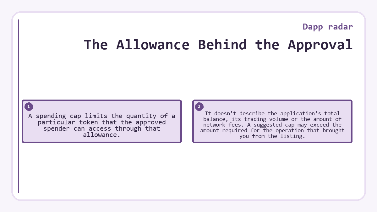 The Allowance Behind the Approval: A spending cap limits the quantity of a particular token that the approved spender can access through that allowance.; It doesn’t describe the application’s total balance, its trading volume or the amount of network fees. A suggested cap may exceed the amount required for the operation that brought you from the listing.