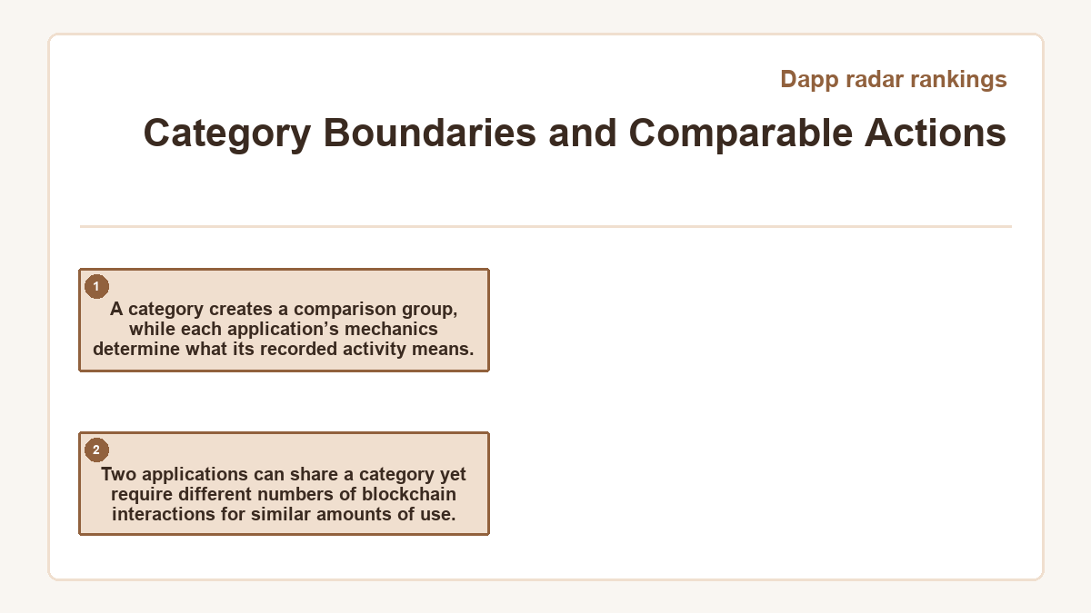 Category Boundaries and Comparable Actions: A category creates a comparison group, while each application’s mechanics determine what its recorded activity means.; Two applications can share a category yet require different numbers of blockchain interactions for similar amounts of use.